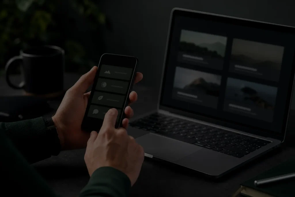 Pessoa consultando informações no celular ao lado de um computador