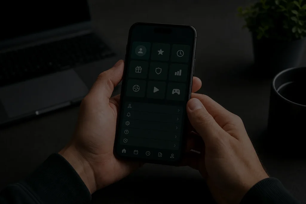 Pessoa navegando por aplicativos e opções em um celular