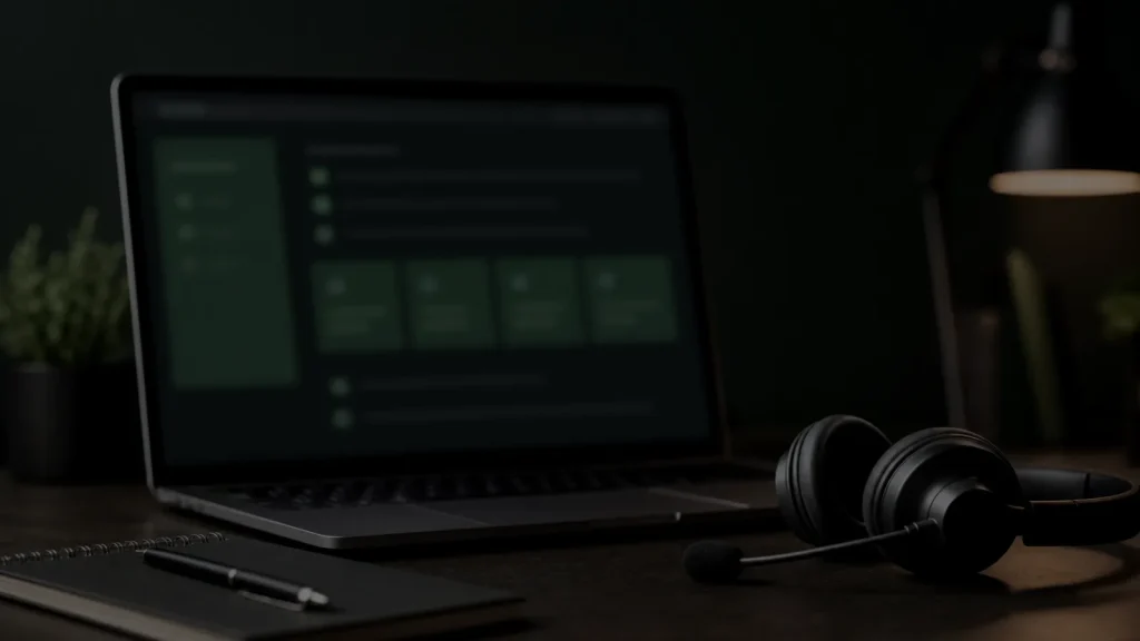 Computador e headset representando dúvidas, orientação e atendimento