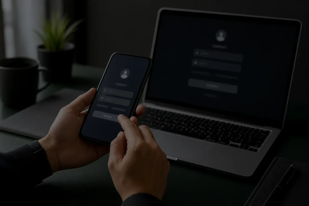 Pessoa usando celular e computador para acessar ou recuperar uma conta