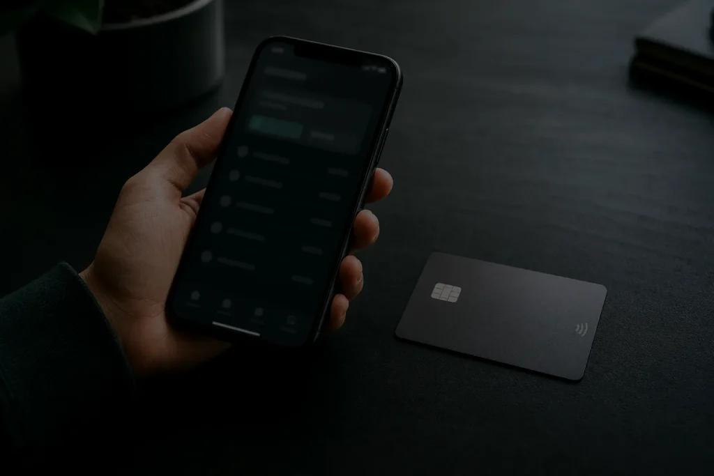 Celular e cartão usados para conferir uma transação digital