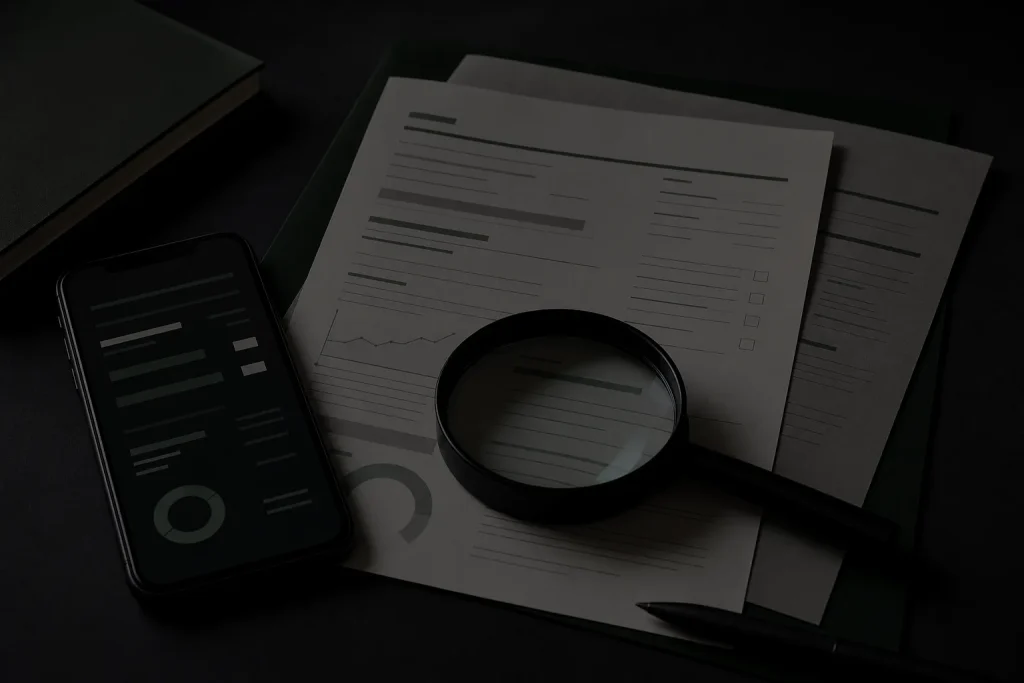 Celular, documentos e lupa usados para revisar informações financeiras