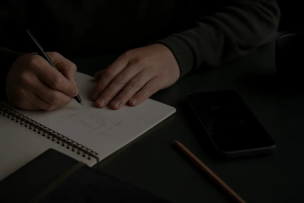 Pessoa fazendo anotações ao lado do celular para organizar limites e cuidados