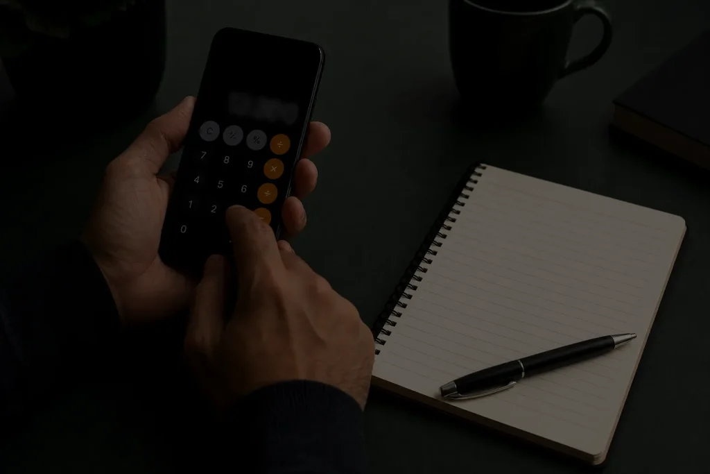 Pessoa usando calculadora no celular e caderno para planejar um limite de gastos