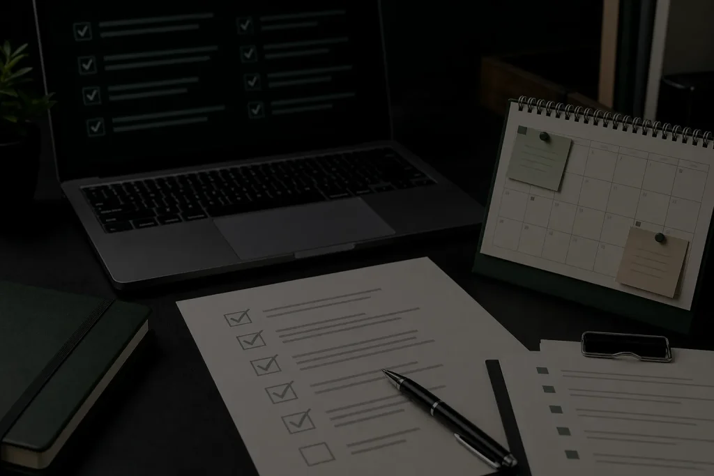 Mesa de trabalho com computador e listas usadas na verificação editorial