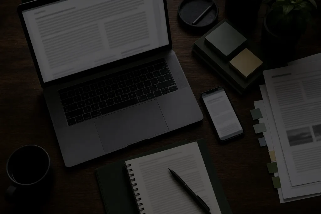 Computador, celular e documentos usados para pesquisar e verificar informações